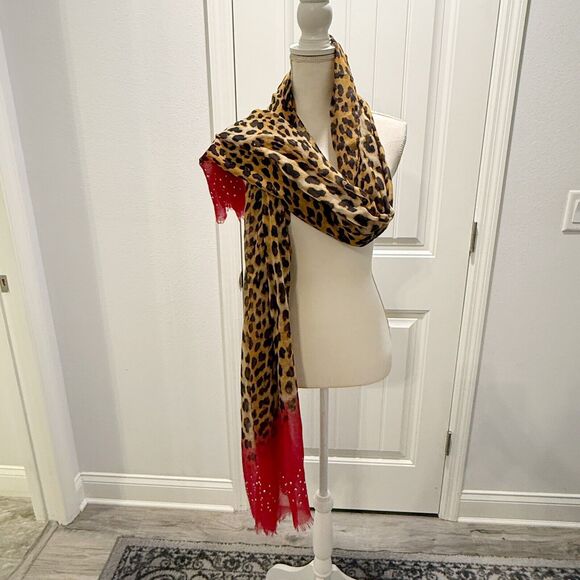 Large Leopard Spotted Scarf Bright Pink Accents Studded 27 x 100 NWT - Picture 2 of 14